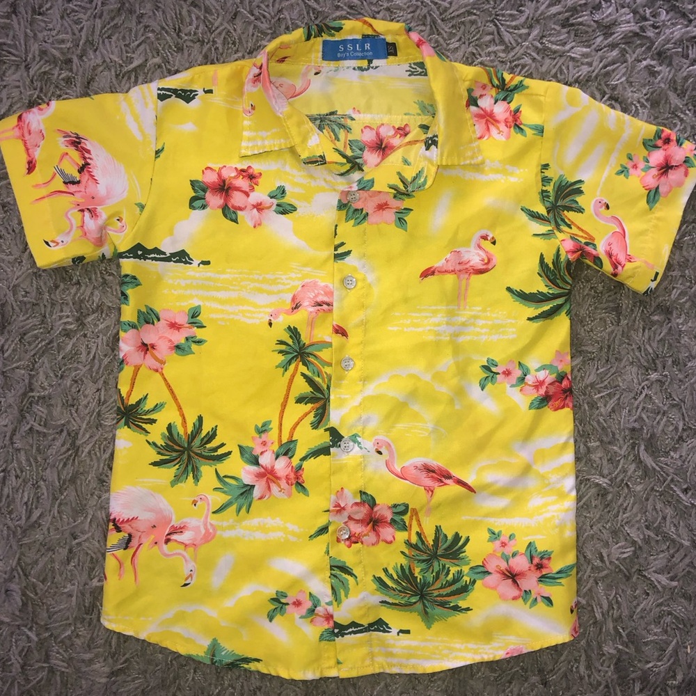 SSLR Boys Tropical Flamingo Button Down Shirt, Size XS